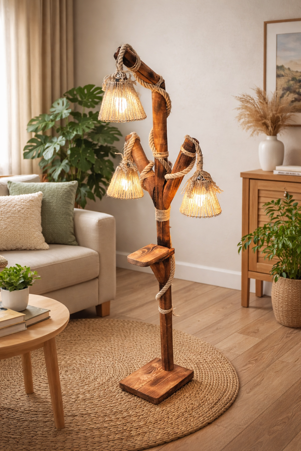 Rustik Ahşap Lambader El Yapımı Hasır Başlıklı 3’lü Dekoratif Lambader – Ceviz Renk