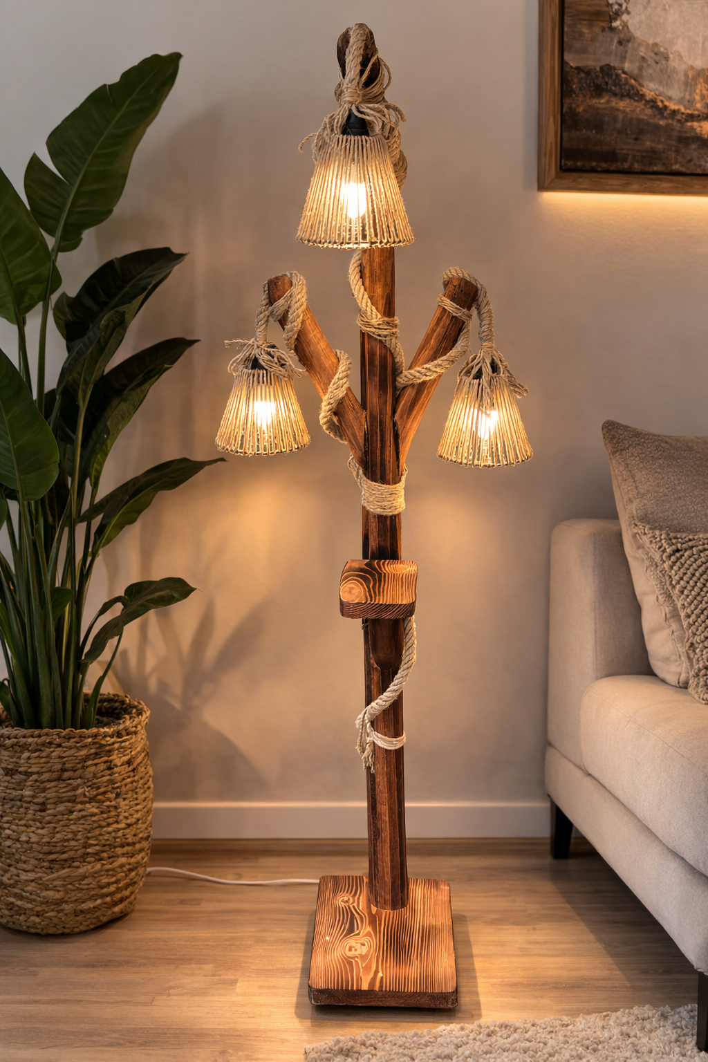 Rustik Ahşap Lambader El Yapımı Hasır Başlıklı 3’lü Dekoratif Lambader – Ceviz Renk