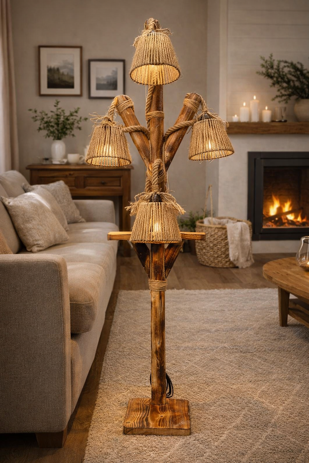 El Yapımı Rustik Ahşap Lambader – Halat Detaylı 4 Başlıklı Dekoratif Zemin Lambası