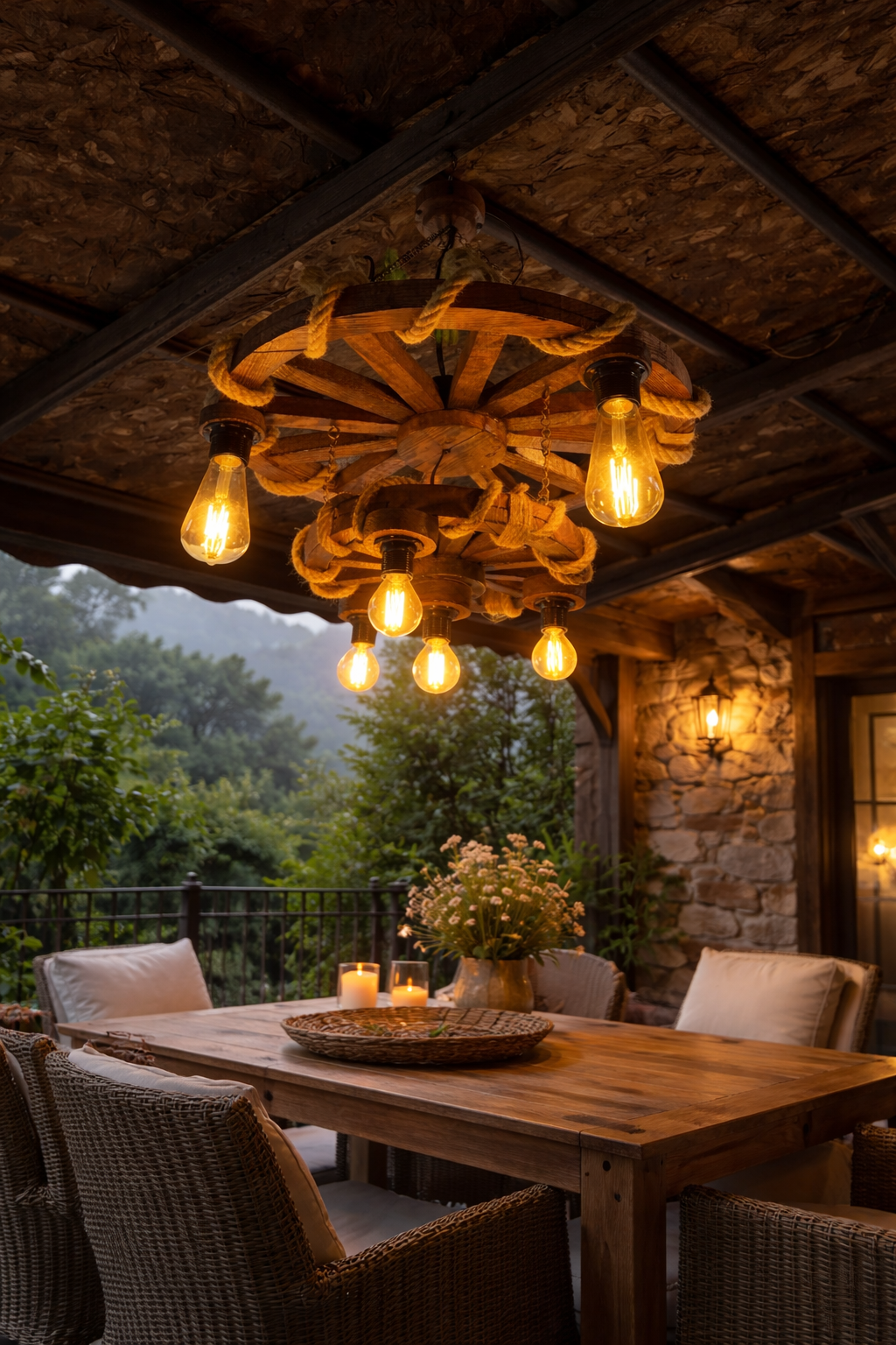 El Yapımı Çift Katlı Ahşap Tekerlek Avize – Rustik Halat Detaylı Dekoratif Avize