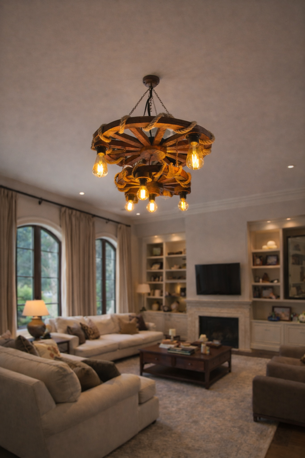 El Yapımı Çift Katlı Ahşap Tekerlek Avize – Rustik Halat Detaylı Dekoratif Avize