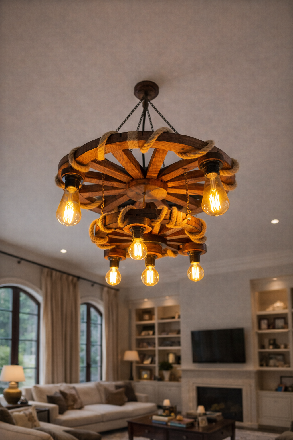 El Yapımı Çift Katlı Ahşap Tekerlek Avize – Rustik Halat Detaylı Dekoratif Avize