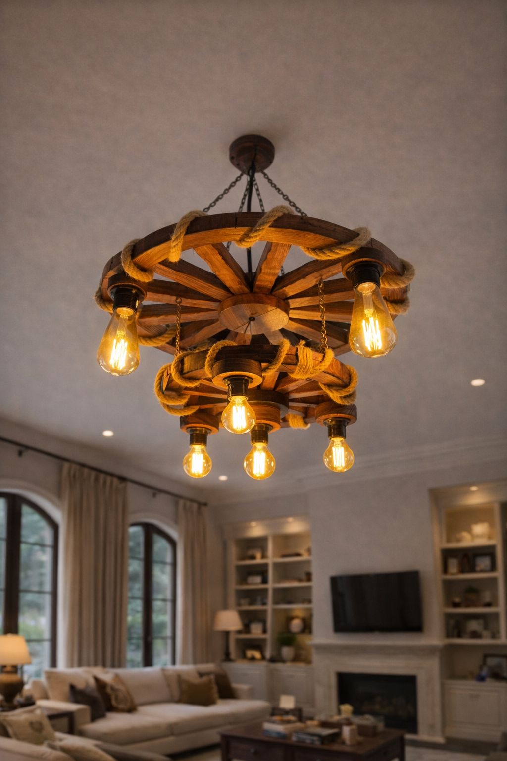 El Yapımı Çift Katlı Ahşap Tekerlek Avize – Rustik Halat Detaylı Dekoratif Avize