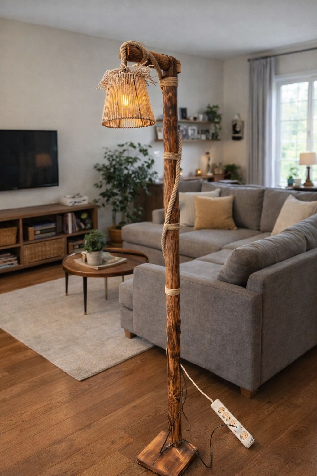 Rustik El Yapımı Ahşap Lambader – Halat Detaylı Dekoratif Salon Lambası