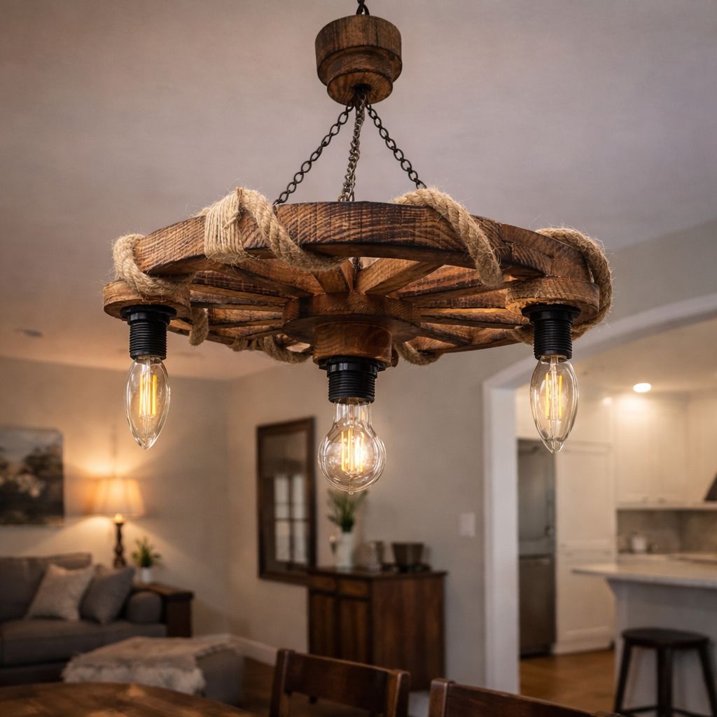 El Yapımı Ahşap Araba Tekerleği Avize – Rustik Halat Detaylı Dekoratif Avize (35 cm)