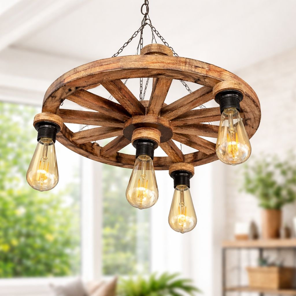 El Yapımı Ahşap Tekerlek Avize – Rustik Dekoratif Avize (50 cm)