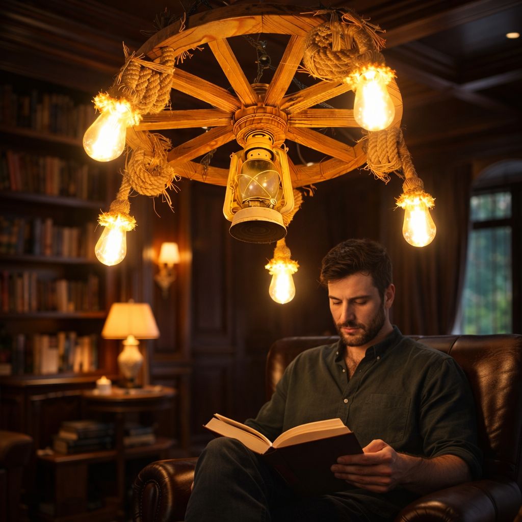 El Yapımı Ahşap Tekerlek Avize – Fener Detaylı Rustik Dekoratif Avize