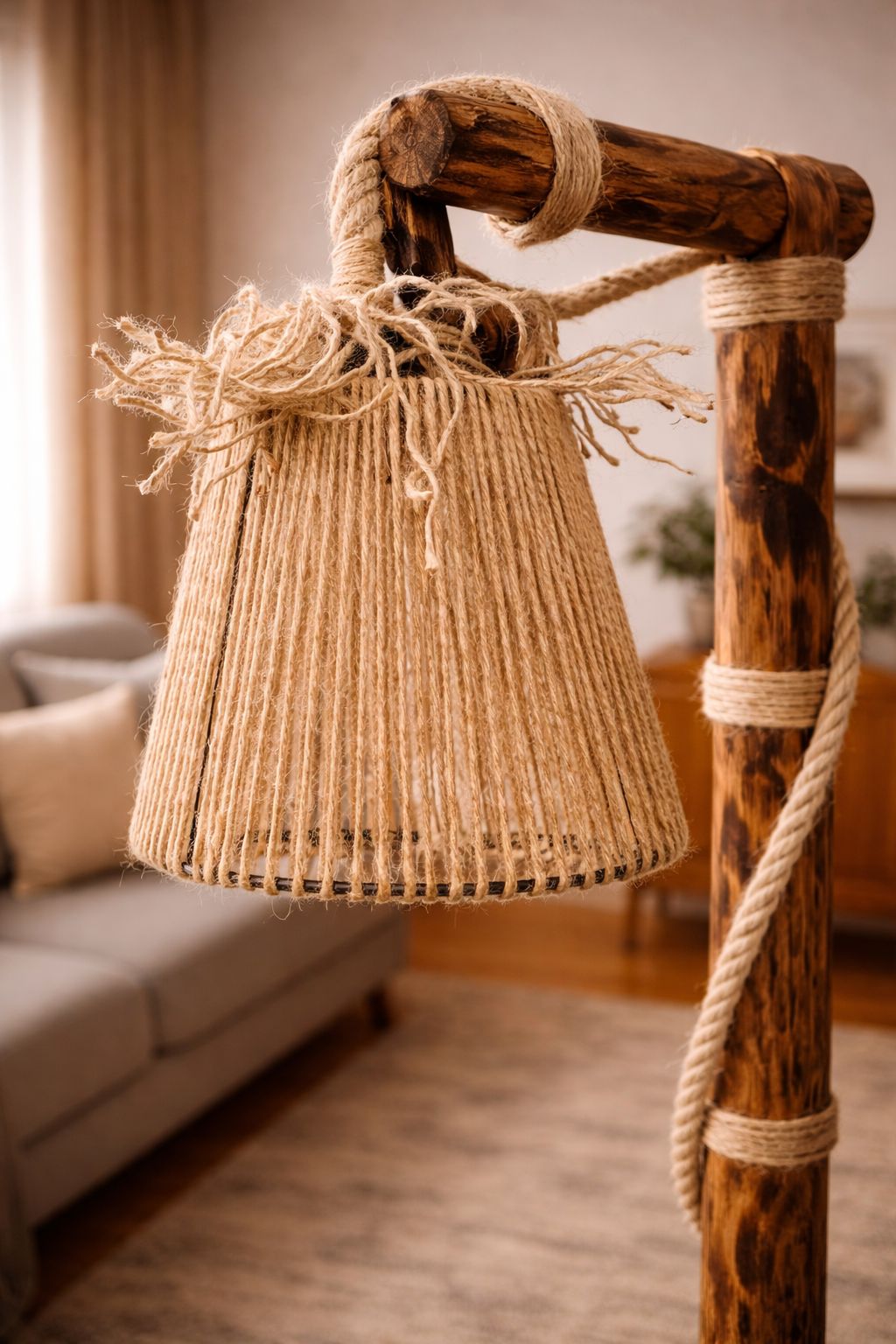 Rustik El Yapımı Ahşap Lambader – Halat Detaylı Dekoratif Salon Lambası