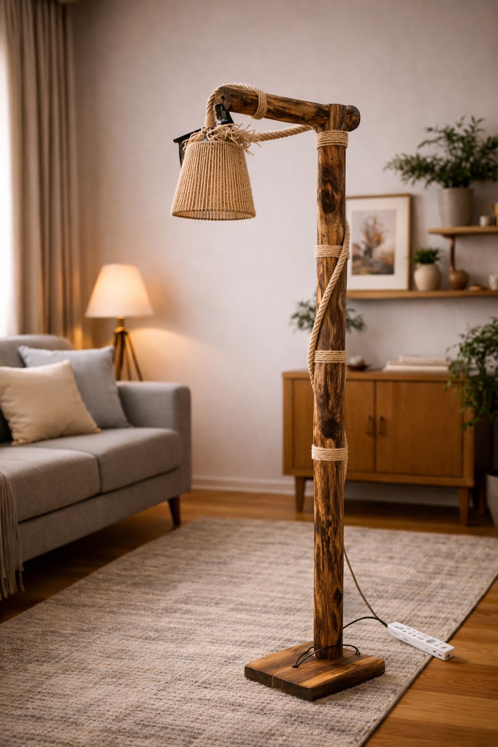 Rustik El Yapımı Ahşap Lambader – Halat Detaylı Dekoratif Salon Lambası