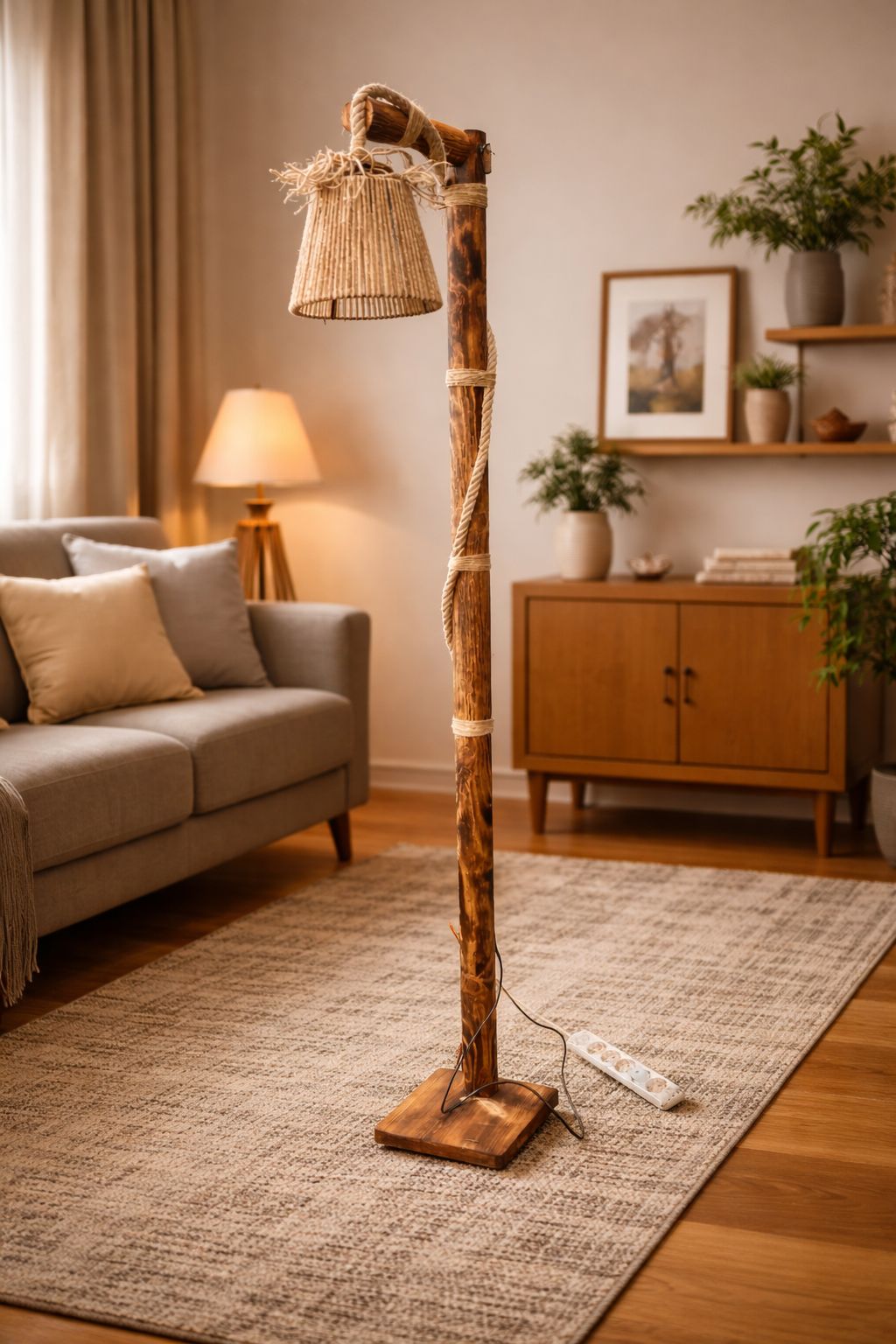 Rustik El Yapımı Ahşap Lambader – Halat Detaylı Dekoratif Salon Lambası