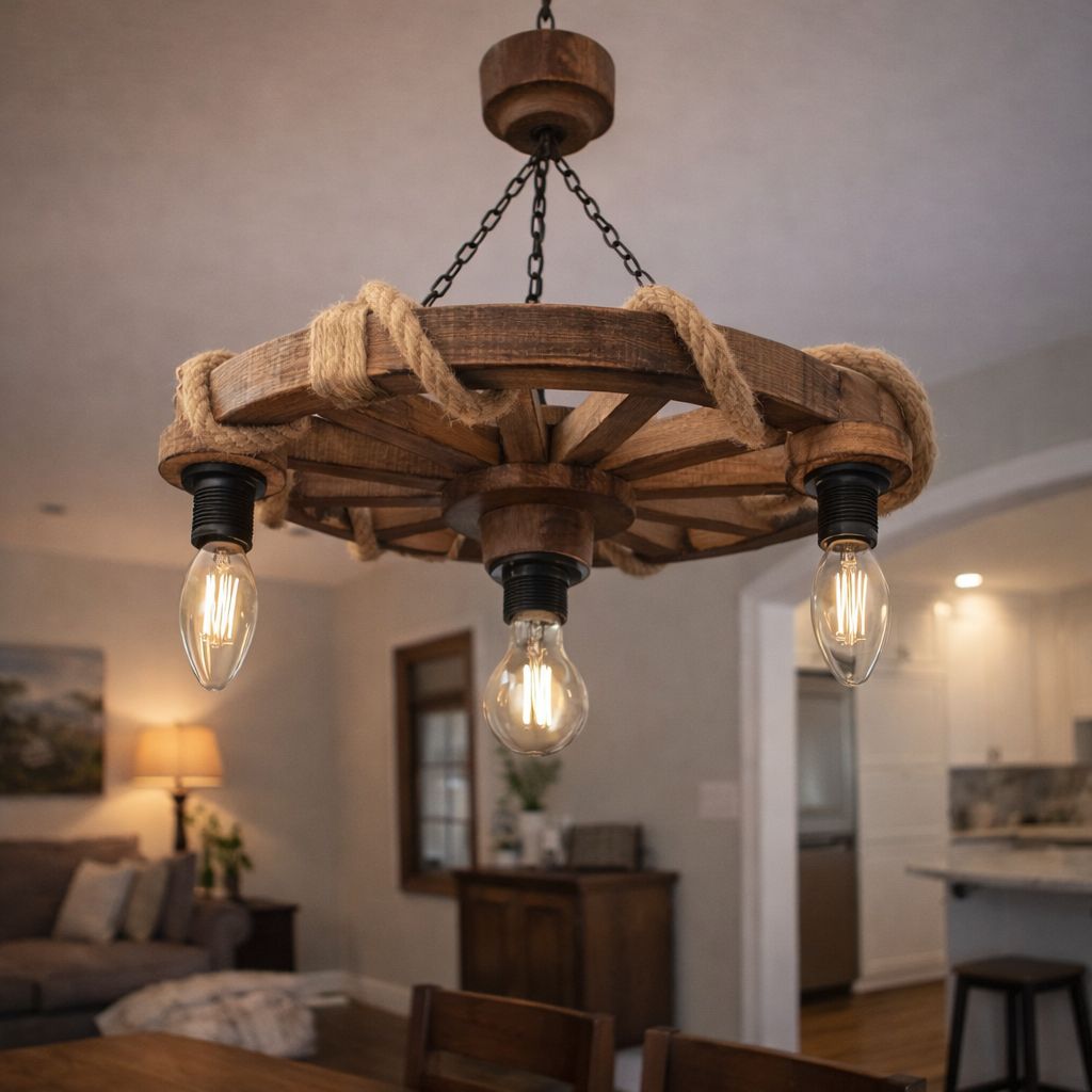 El Yapımı Ahşap Araba Tekerleği Avize – Rustik Halat Detaylı Dekoratif Avize (35 cm)