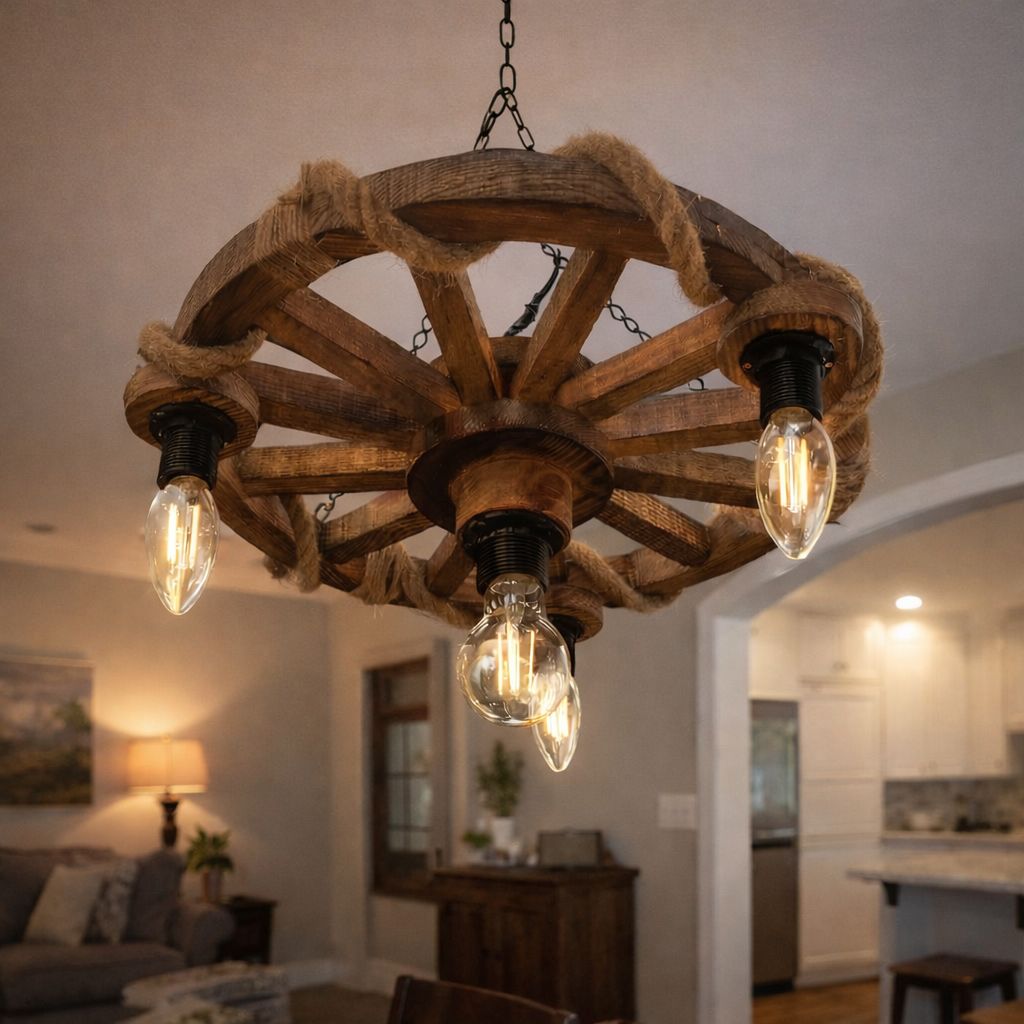 El Yapımı Ahşap Araba Tekerleği Avize – Rustik Halat Detaylı Dekoratif Avize (35 cm)