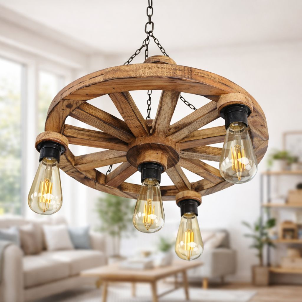 El Yapımı Ahşap Tekerlek Avize – Rustik Dekoratif Avize (50 cm)