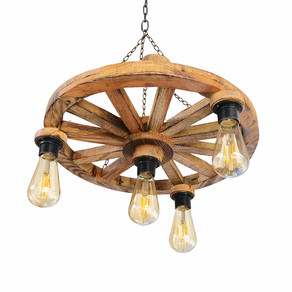 El Yapımı Ahşap Tekerlek Avize – Rustik Dekoratif Avize (50 cm)