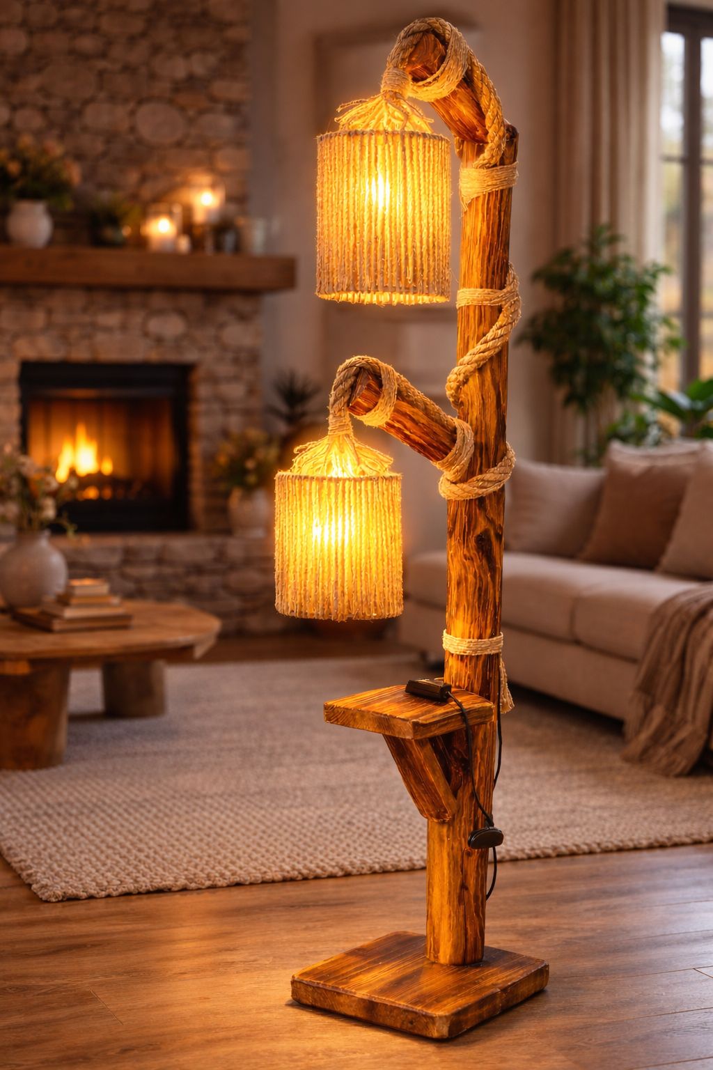 El Yapımı Doğal Ahşap 2 Başlıklı Lambader – Halat Detaylı Rustik Dekoratif Lambader
