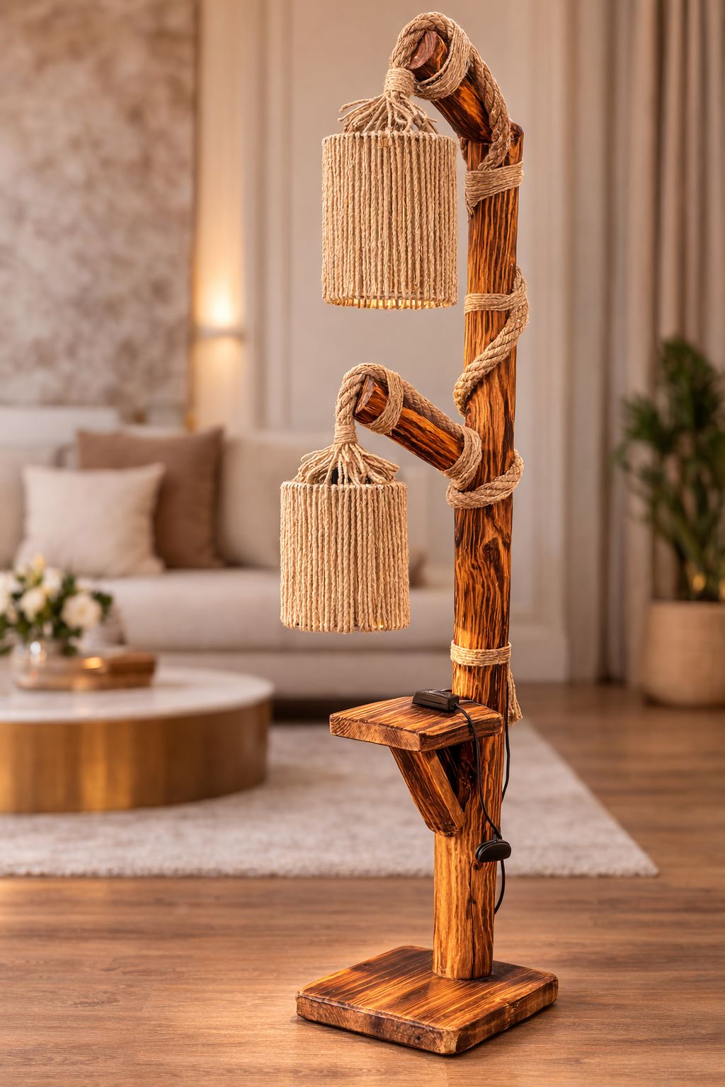 El Yapımı Doğal Ahşap 2 Başlıklı Lambader – Halat Detaylı Rustik Dekoratif Lambader