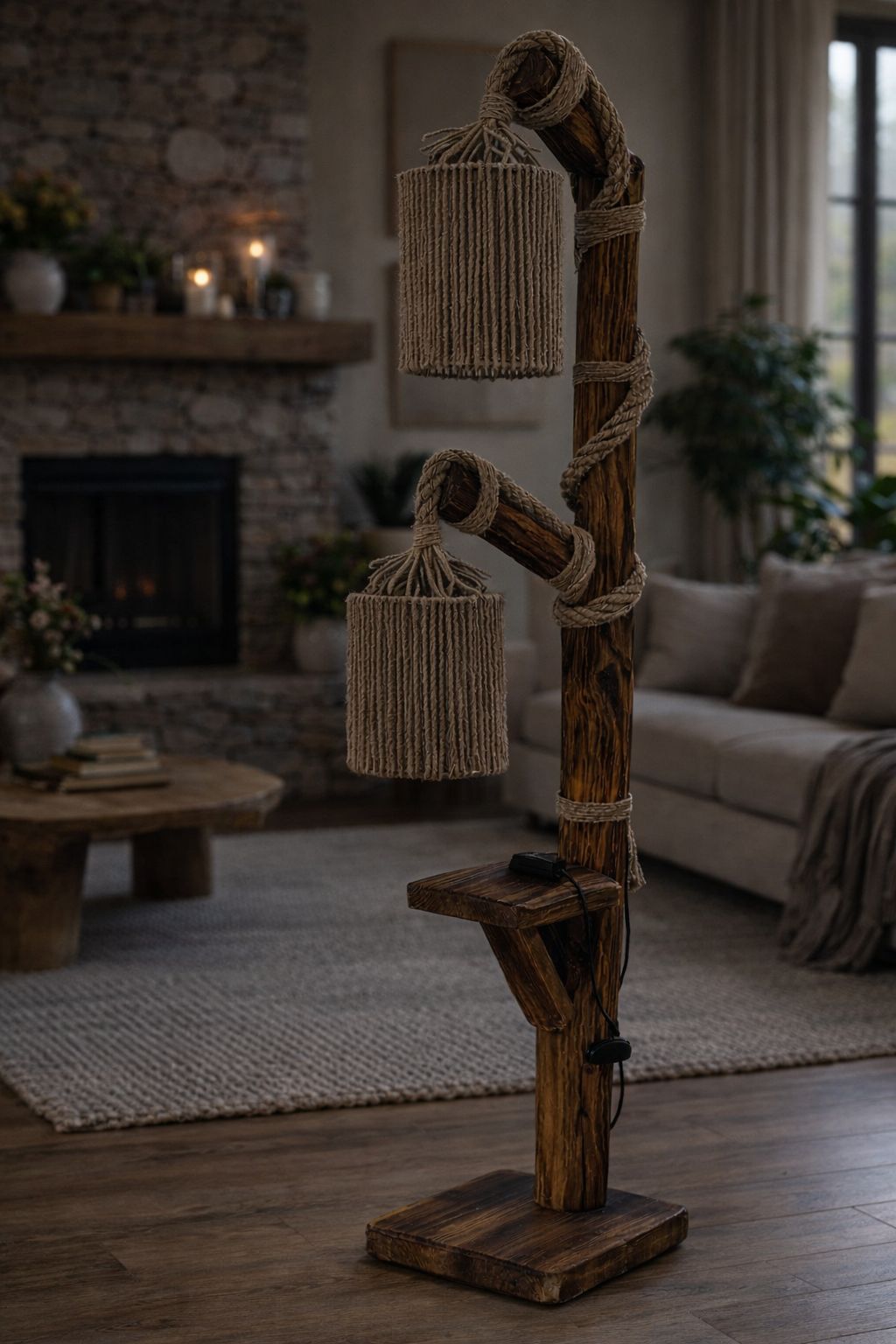 El Yapımı Doğal Ahşap 2 Başlıklı Lambader – Halat Detaylı Rustik Dekoratif Lambader