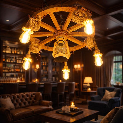 El Yapımı Ahşap Tekerlek Avize – Fener Detaylı Rustik Dekoratif Avize