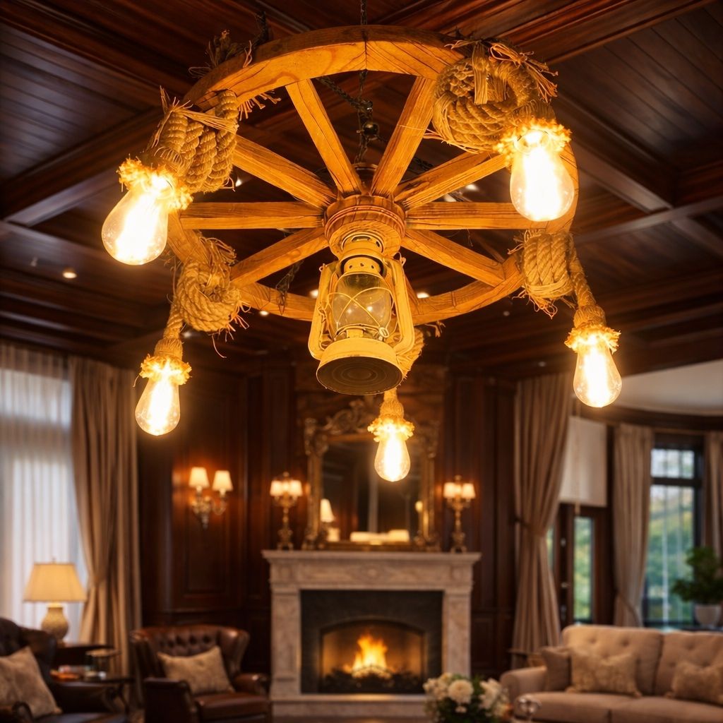 El Yapımı Ahşap Tekerlek Avize – Fener Detaylı Rustik Dekoratif Avize