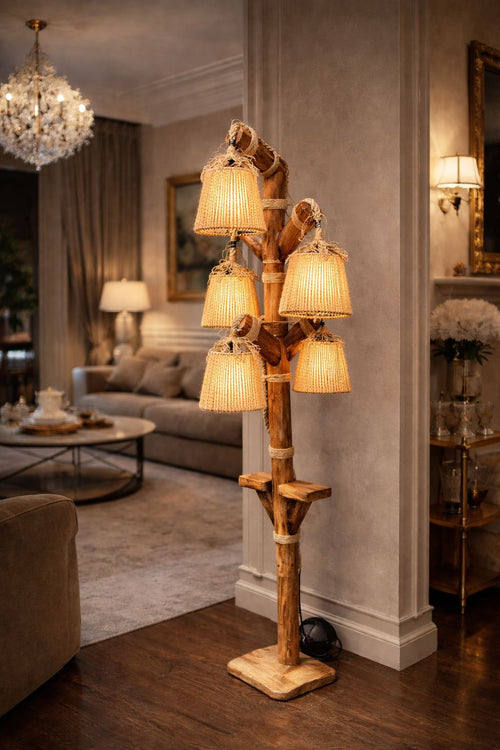 El Yapımı 5 Başlıklı Rustik Lambader – Dekoratif Salon Aydınlatması